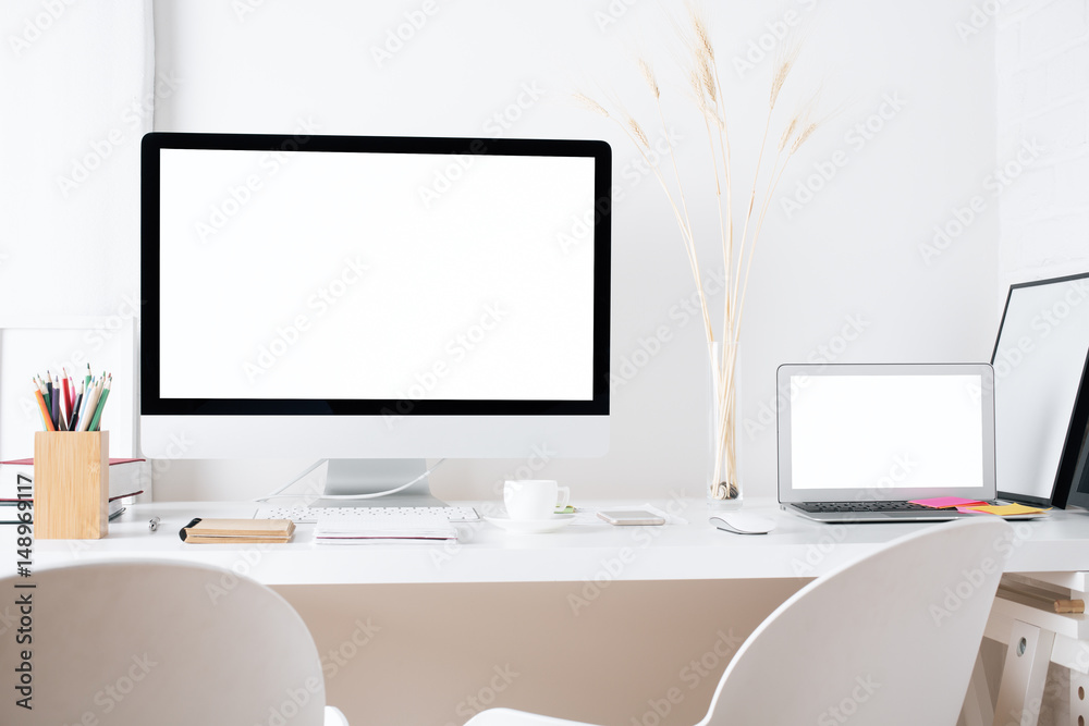 Fototapeta premium Hipster workplace with white devices
