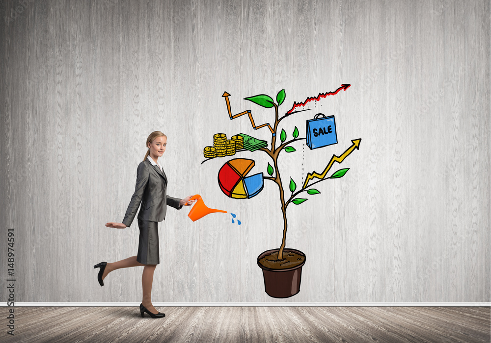 Young businesswoman in empty room watering drawn growth concept with can Young businesswoman in empty room watering drawn growth concept with can
