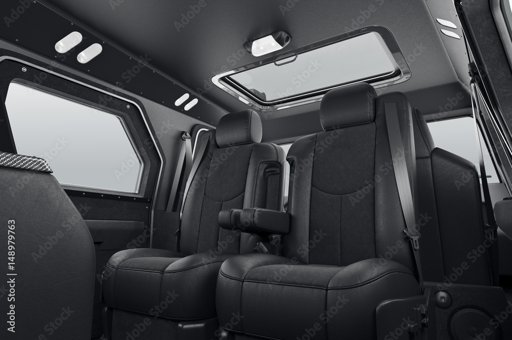 Automobile luxury interior big black leather seats. 3D rendering