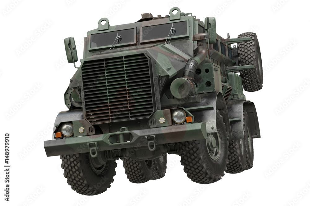 Truck military camouflaged armored army transport. 3D rendering