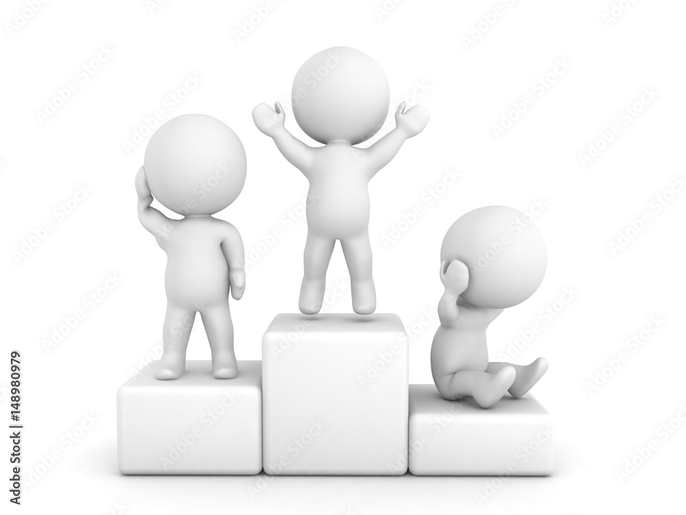 3D illustration of a podium with a character on each place depicting the respective emotion 3D illustration of a podium with a character on each place depicting the respective emotion