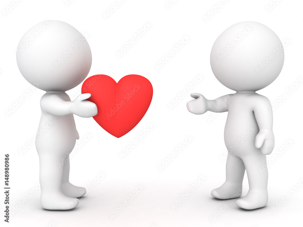 3D Character offering a cartoon red heart to another character 3D Character offering a cartoon red heart to another character