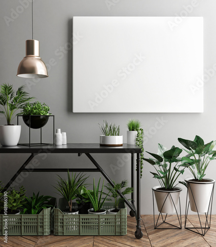 Interior poster mock-up with empty frame and plants in the room. 3D rendering.