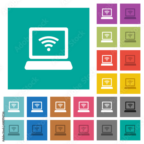 Laptop computer with wireless symbol square flat multi colored icons