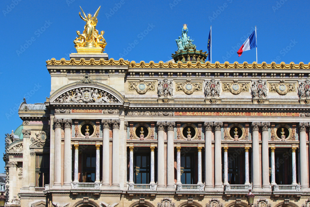 View on opera building, national music academy, front view, paris city, france
