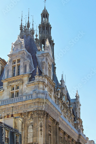 View on white corner palace building wall with blue sky  paris city  france