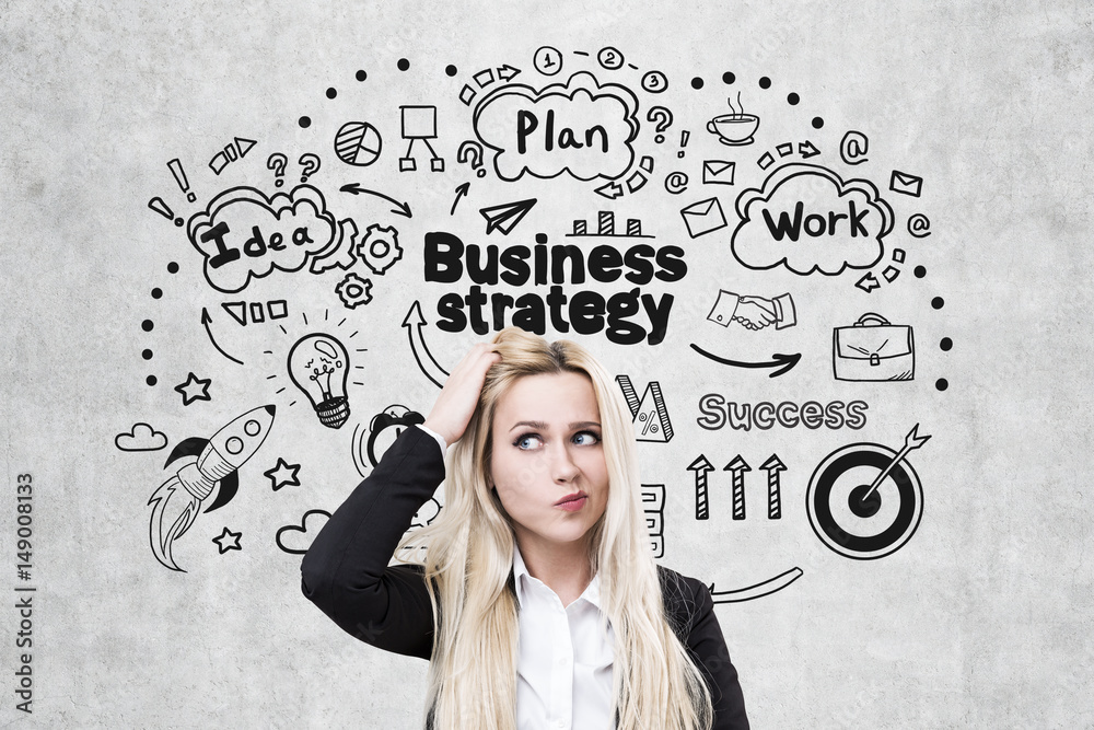 Confused blond woman and business strategy Confused blond woman and business strategy