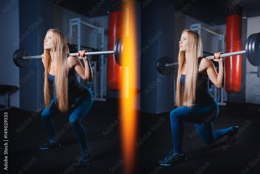 collage sporty blonde girl is holding dumbbells in her arms in the gym. The concept of doing sports. Blick light. collage sporty blonde girl is holding dumbbells in her arms in the gym. The concept of doing sports. Blick light.