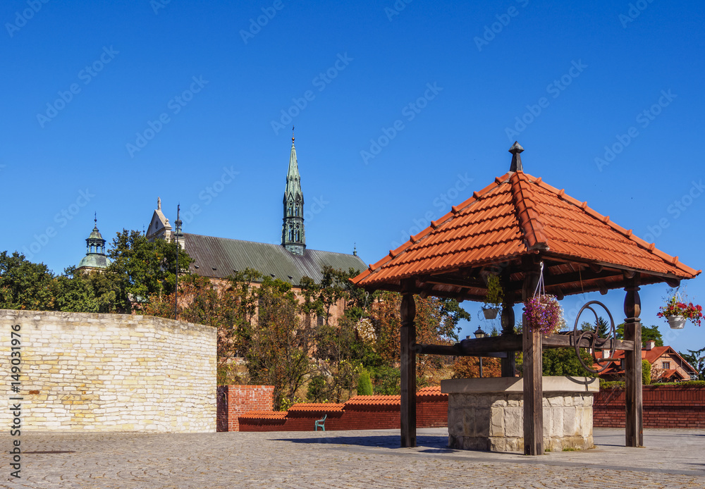 Poland, Swietokrzyskie Voivodeship, Sandomierz, Castle Well and Cathedral in the background