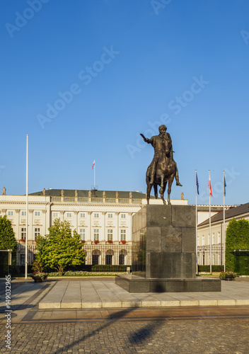 Poland, Masovian Voivodeship, Warsaw, Krakowskie Przedmiescie Street, Presidential Palace and Prince Jozef Poniatowski Statue