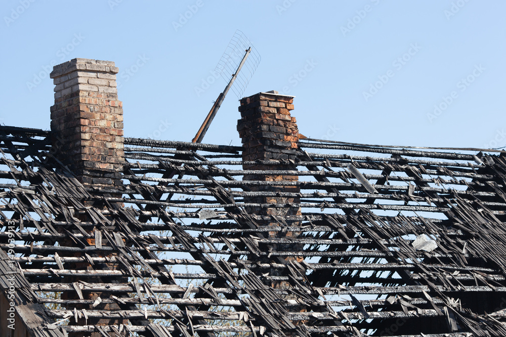 The charred roof of the house.