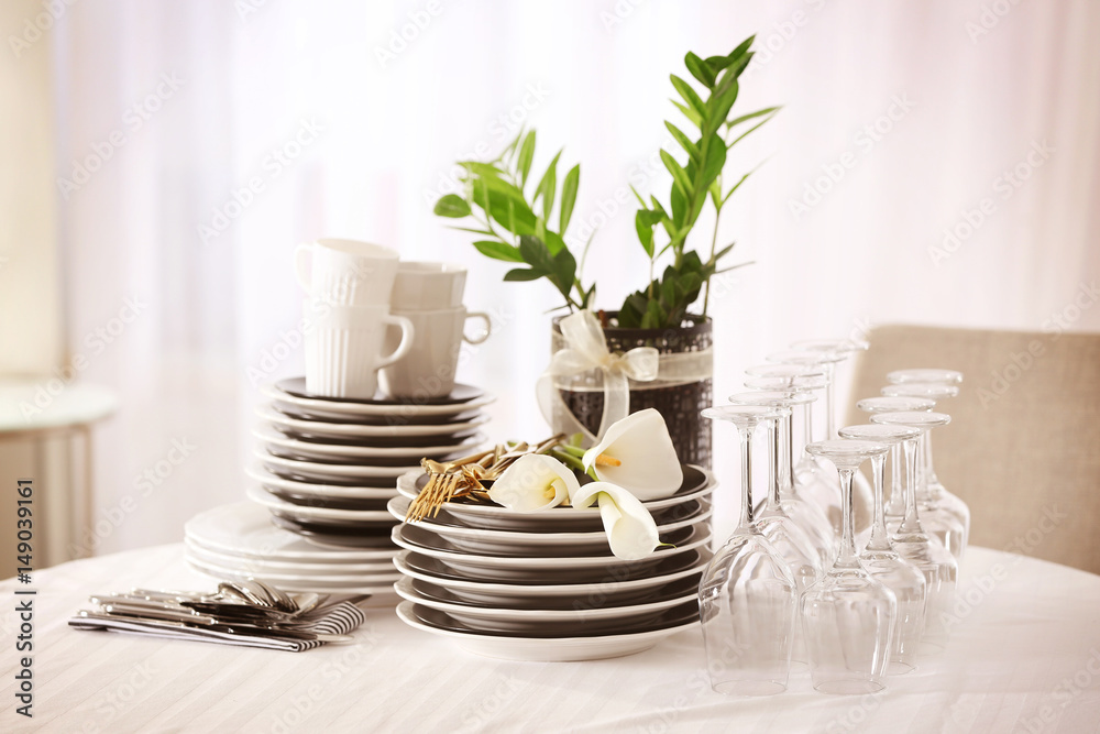 Set of dishware on table in restaurant