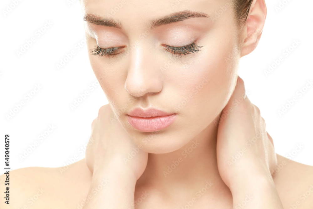 Beautiful young woman on white background, closeup