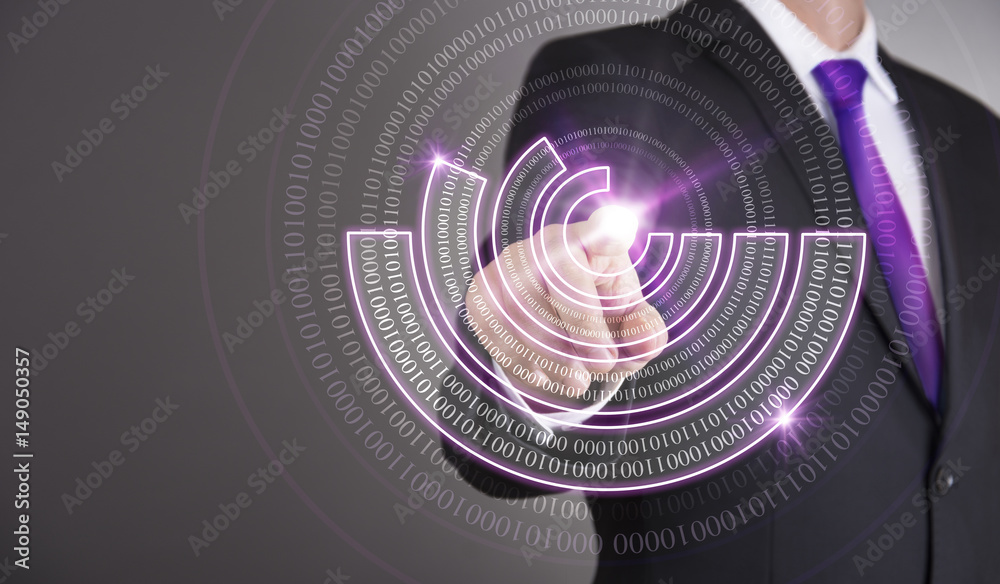Fototapeta premium Businessman touch screen concept - Binary Code