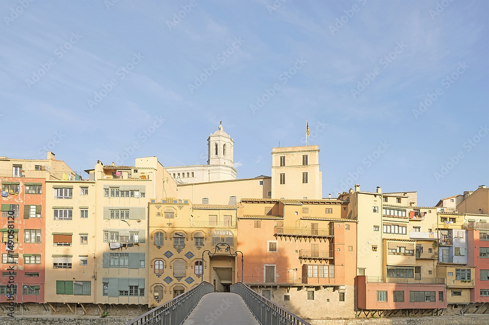 Old town of Girona in sunset light