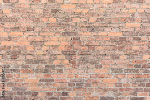 Texture ancient brick wall, horizontal arrangement of old brickwork, abstract background