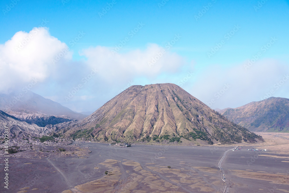 Mount Bromo, an active volcano with clear blue sky at the Tengger Semeru National Park in East Java, Indonesia.