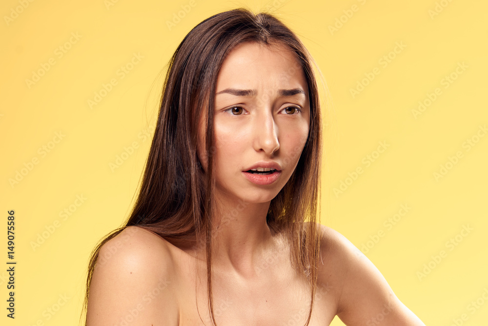woman, yellow background, emotion, bewilderment woman, yellow background, emotion, bewilderment