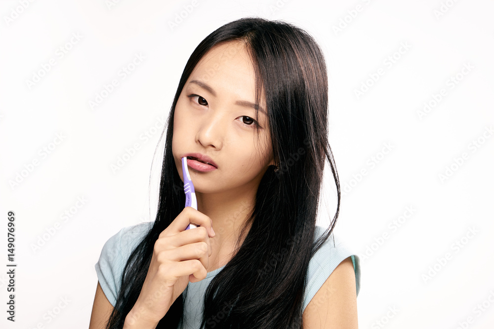 brunette brushes teeth, brush, gum massage brunette brushes teeth, brush, gum massage