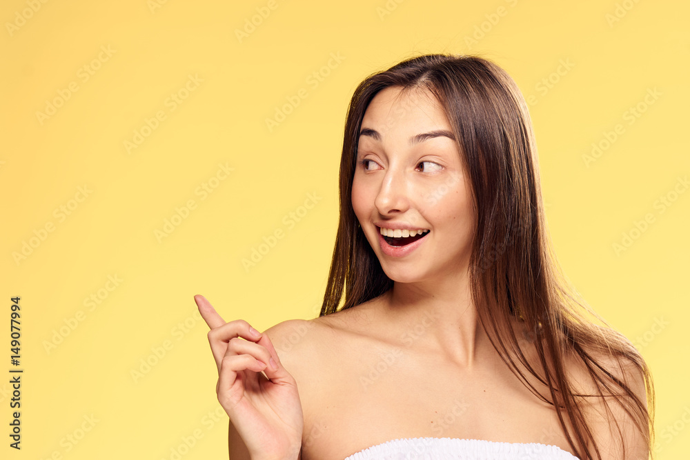 woman, emotions, bare shoulders, yellow background woman, emotions, bare shoulders, yellow background