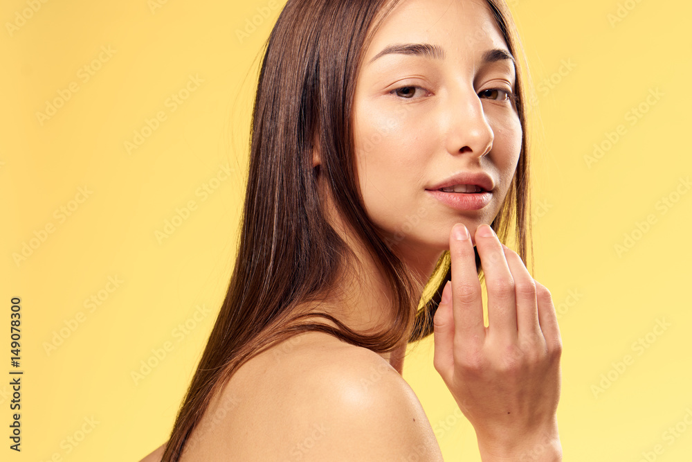 woman, emotions, bare shoulders, yellow background woman, emotions, bare shoulders, yellow background