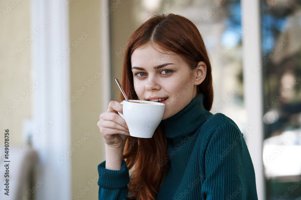 red-haired woman with a cup of coffee, drink, emotions red-haired woman with a cup of coffee, drink, emotions