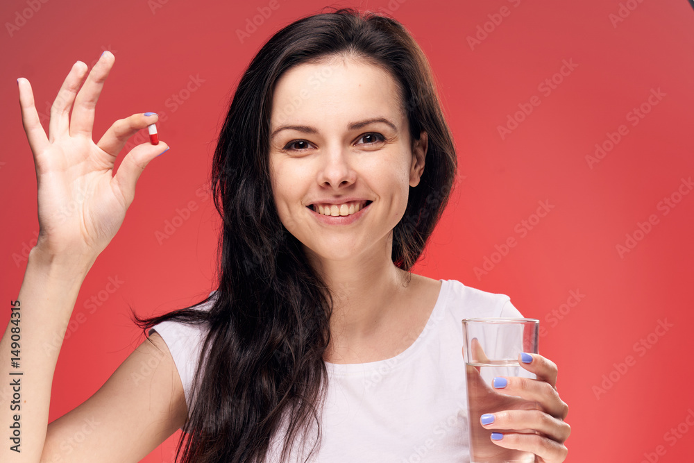woman, tablet, water, red background woman, tablet, water, red background