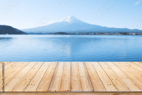 Wood plank in front of blurred background. Perspective Japan mountain Fuji view can be used for display or montage your Japanese products.