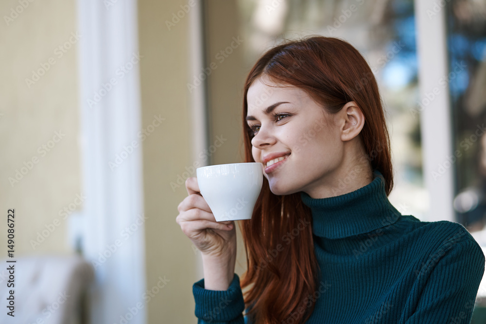 woman with a cup of tea, smile, cafe, rest woman with a cup of tea, smile, cafe, rest