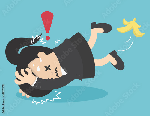 Business Woman slip on banana peel and falling