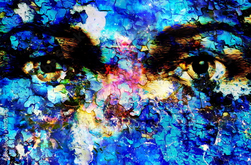 Fototapeta Naklejka Na Ścianę i Meble -  Jesus eye in cosmic space. computer collage version. Crackle effect.