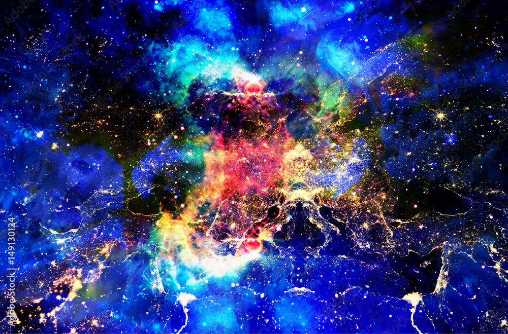 Cosmic space and Earth city night lights, color cosmic abstract background.