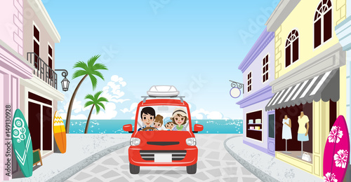 Family driving in the Seaside town