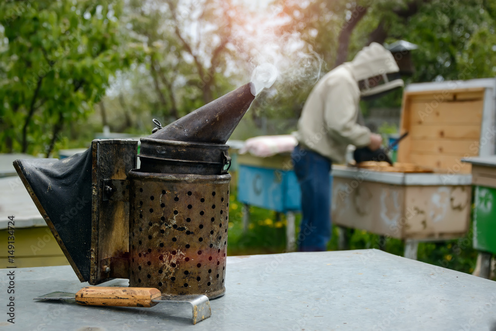 Old bee smoker. Beekeeping tool. The beekeeper works on an apiary near the  hives. Stock Photo | Adobe Stock