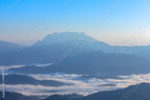 Morning Mist and Fog Moving Slowly From View Point in Sunrise Time at Doi Luang Chaing dao , High Mountain in Chiangmai , Thailand