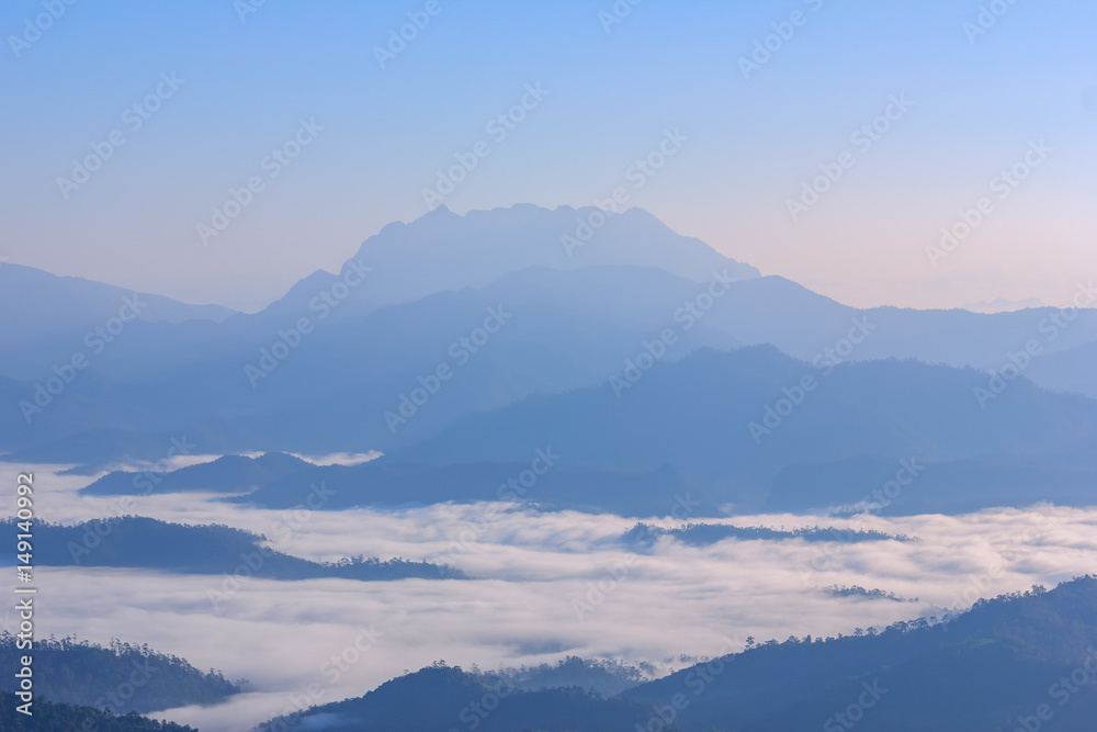 Morning Mist and Fog Moving Slowly From View Point in Sunrise Time at Doi Luang Chaing dao , High Mountain in Chiangmai , Thailand

