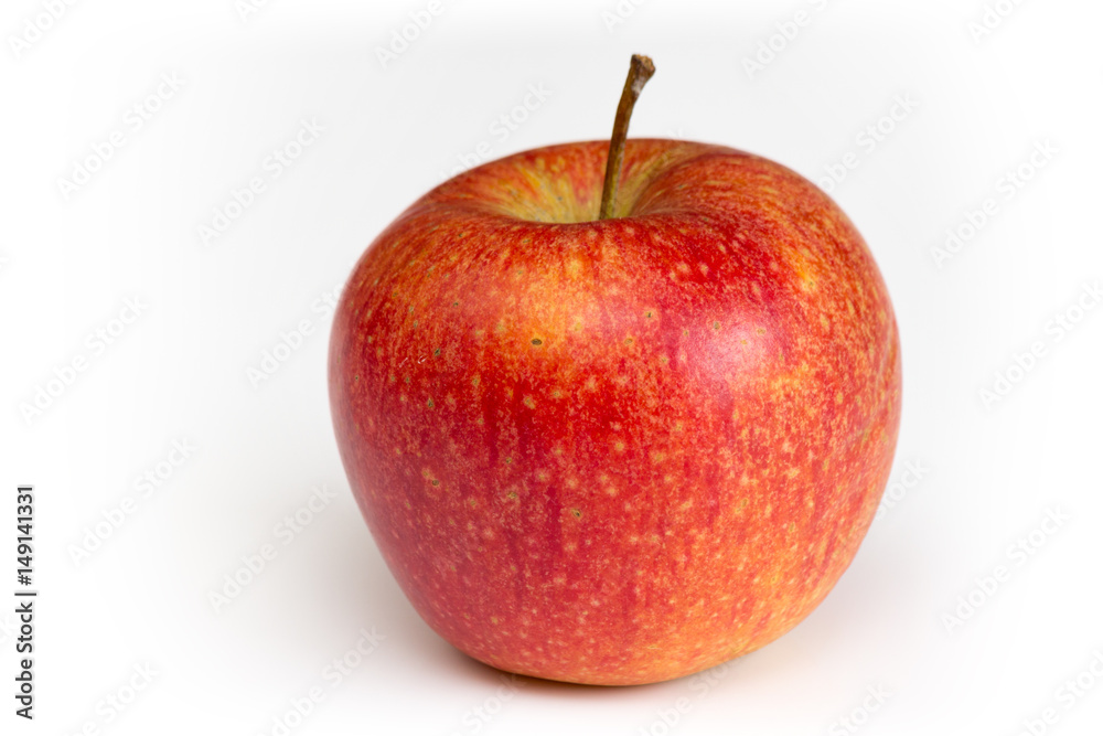 rot oranger Apfel mit Stiel auf weißem Hintergrund isoliert 