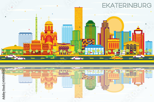 Ekaterinburg Skyline with Color Buildings, Blue Sky and Reflections.