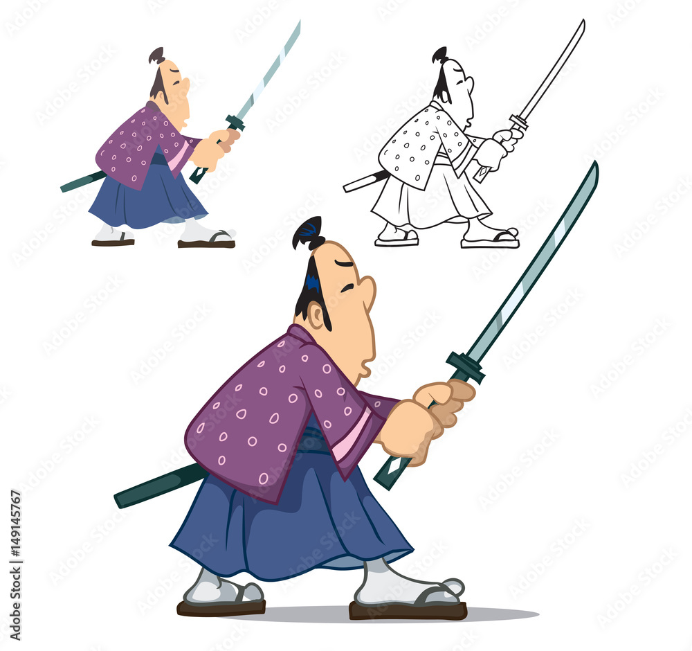 A samurai with a sword. Isolated cartoon character. Colored with the contour, colored and outline vector illustration A samurai with a sword. Isolated cartoon character. Colored with the contour, colored and outline vector illustration