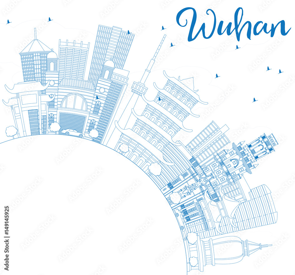 Outline Wuhan Skyline with Blue Buildings and Copy Space.
