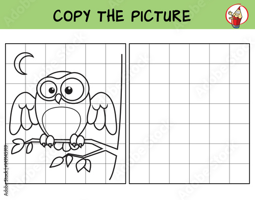 Owl sitting on the branch. Copy the picture. Coloring book. Educational game for children. Cartoon vector illustration