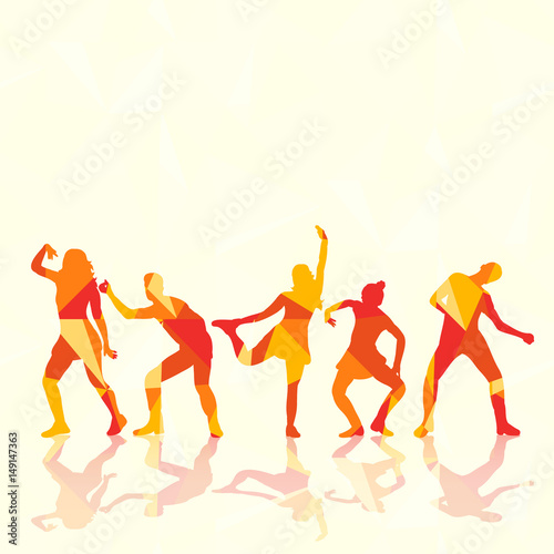  illustration of an isolated silhouette of a girl and guys dancing, colorful