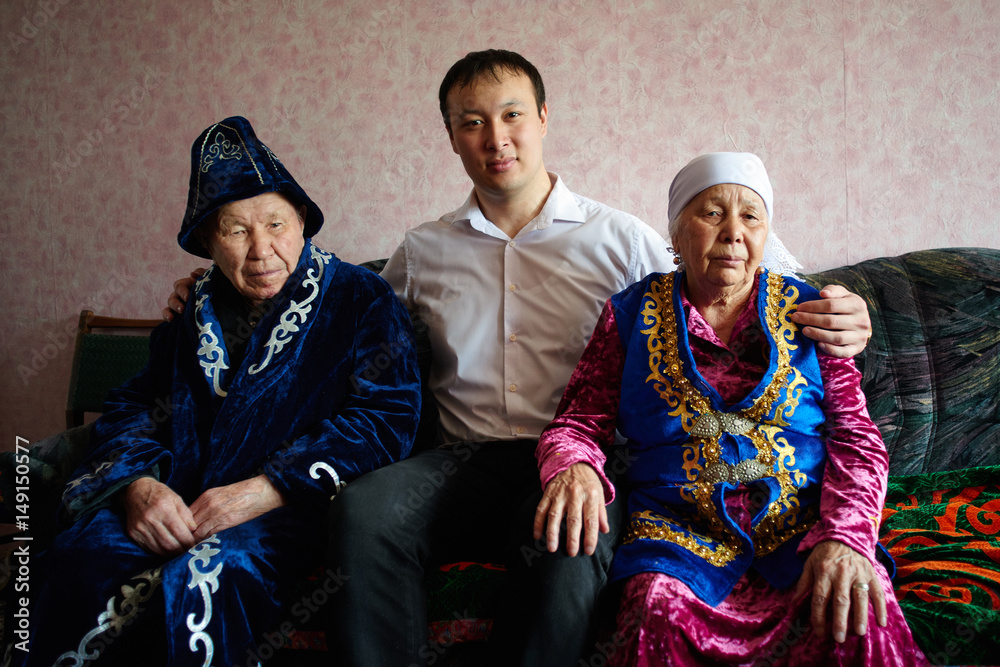 Kazakhstan, Kazakh family, the grandmother, the grandfather and the grandson