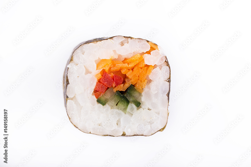 Traditional fresh Japanese sushi rolls on a white background. Roll with vegetables. Vegetarian roll Traditional fresh Japanese sushi rolls on a white background. Roll with vegetables. Vegetarian roll