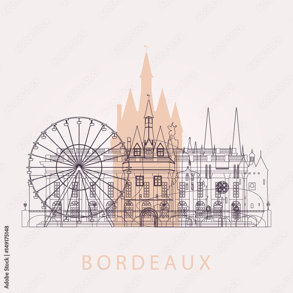Obraz premium Outline Bordeaux skyline with landmarks.