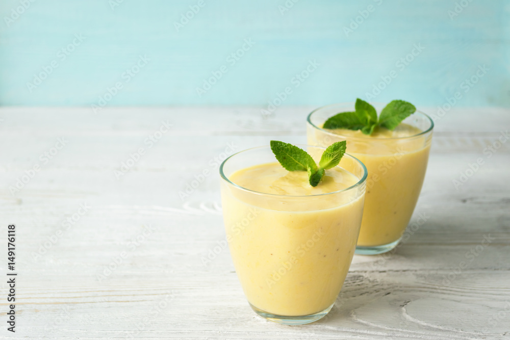 Fresh banana drink cocktail Breakfast in a transparent glass Fresh banana drink cocktail Breakfast in a transparent glass