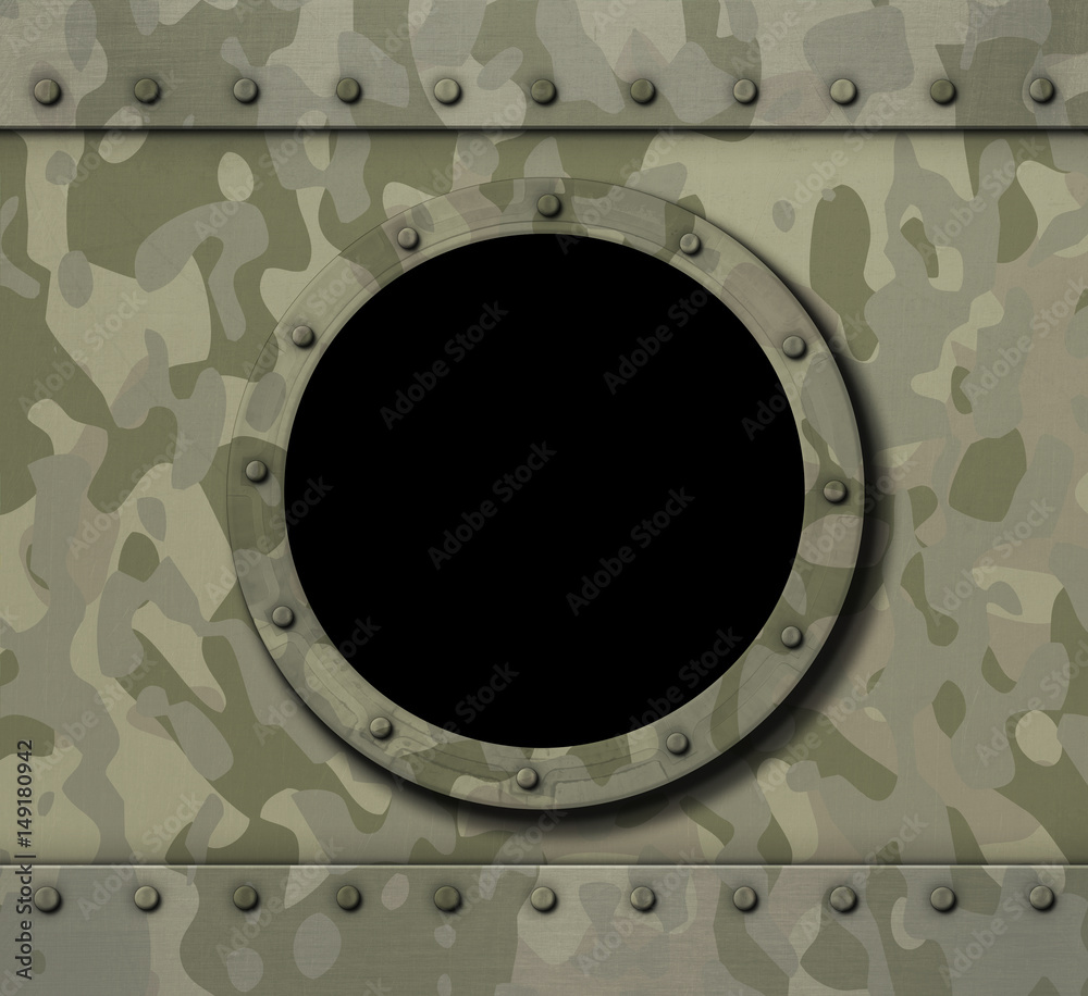 porthole window on military metal background 3d illustration Stock