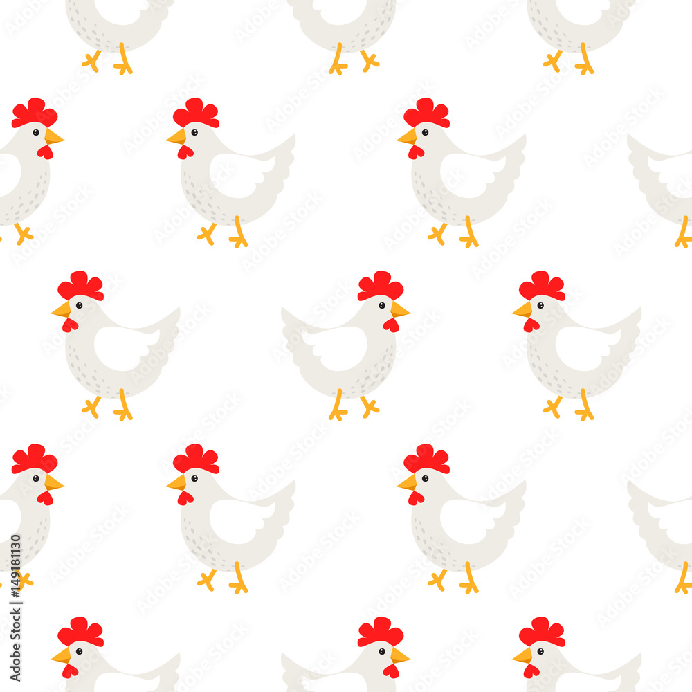 White hen rural seamless vector pattern.