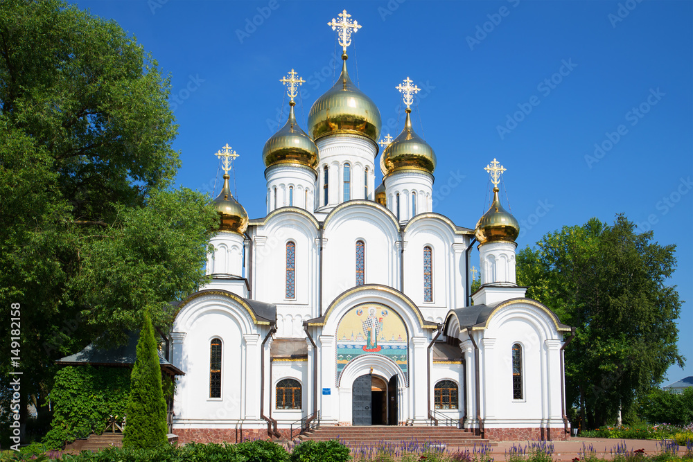 The modern St. Nicholas Cathedral in St. Nicholas' Convent on a sunny July day. Golden ring of Russia. Pereslavl Zalesky