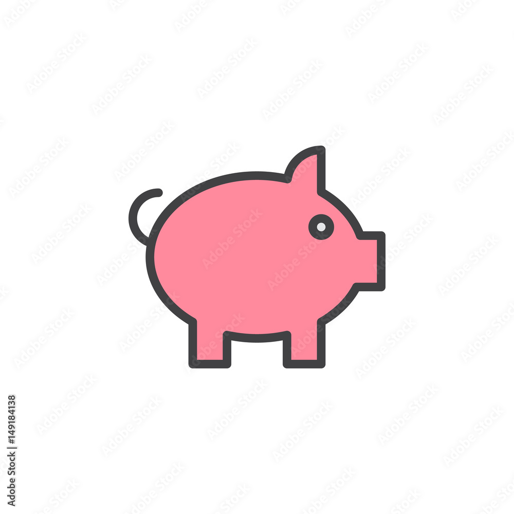Pig, Piggy bank filled outline icon, line vector sign, linear colorful pictogram. Symbol, logo illustration. Pixel perfect Pig, Piggy bank filled outline icon, line vector sign, linear colorful pictogram. Symbol, logo illustration. Pixel perfect